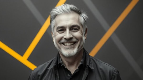 Middle-aged man with geometric pattern background for AI agent identity management.