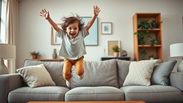 Energetic child showing excitement in a cozy living room.