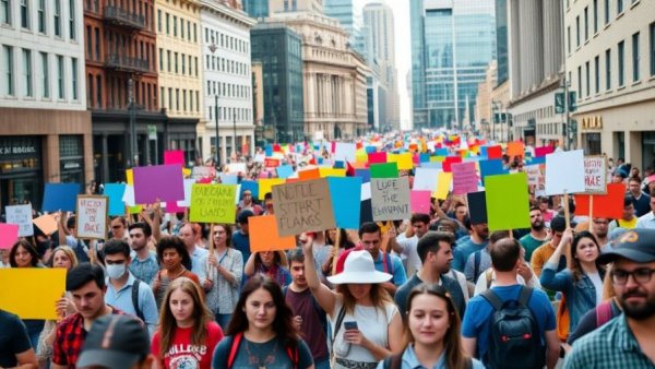 San Antonio street protest with colorful signs and crowd in urban setting.
