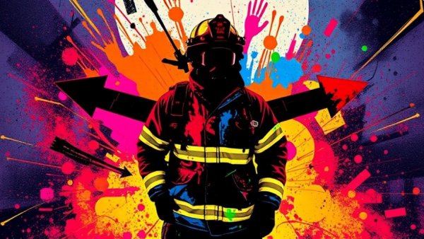 Vibrant abstract firefighter image with arrows in crisis management strategies.