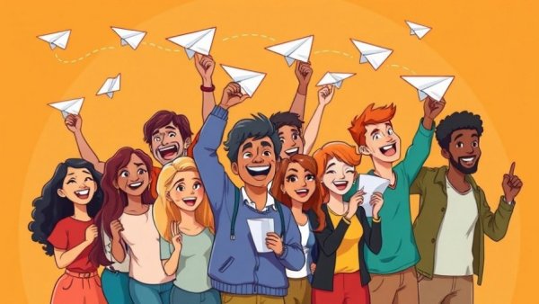 Cartoon people launching paper planes, illustrating team communication tools for recruitment.