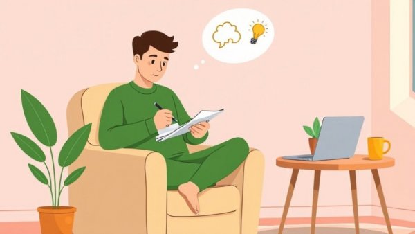 Illustration of a person sketching with thought bubbles in a cozy room.