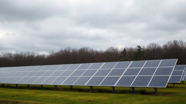 Solar panels in Iowa field with forest, showing renewable energy setup