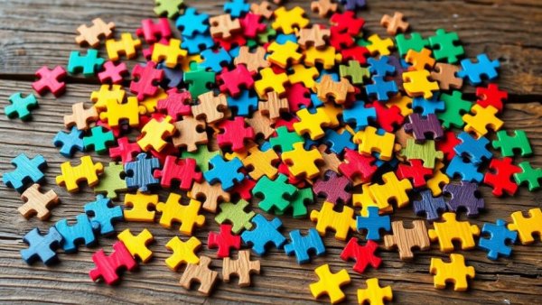 Colorful wooden puzzle pieces symbolize AI recruiting adoption complexity.