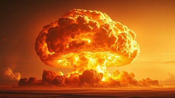 Colossal fiery explosion with a large mushroom cloud, showcasing intense power.