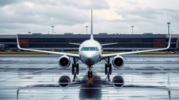 Airport scene with a Boeing 737 at terminal during overcast evening.