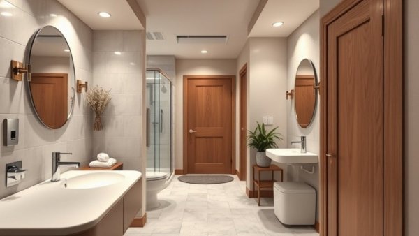 Modern bathroom and hallway with aging-in-place design elements.