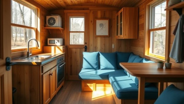 Cozy affordable off-grid tiny house interior with wooden kitchen.