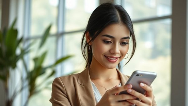 Young professional woman using HR technology in modern office.