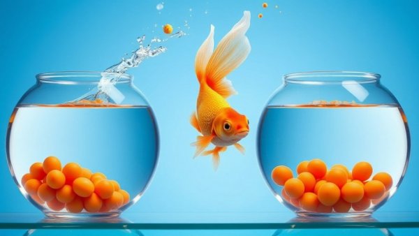 Illustration of goldfish leaping between fishbowls, symbolizing growth and transition for market expansion.