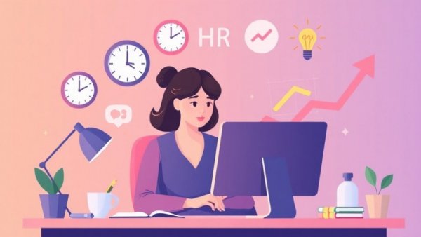 Illustration of HR technology concept with a woman at a desk.