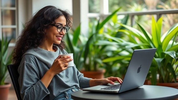 Woman enjoying coffee and laptop during Amazon Big Spring Sale for Families on patio.