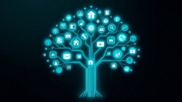 Infographic of futuristic smart home interface with app icons