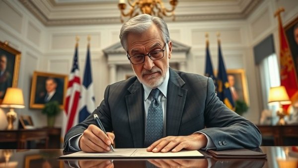Prominent male figure signing documents at a desk in an ornate office.