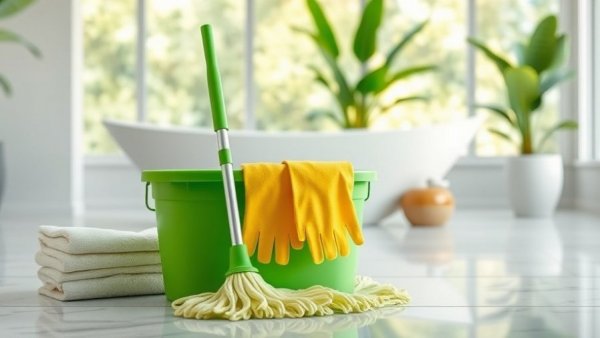 Cleaning supplies in a modern bathroom.