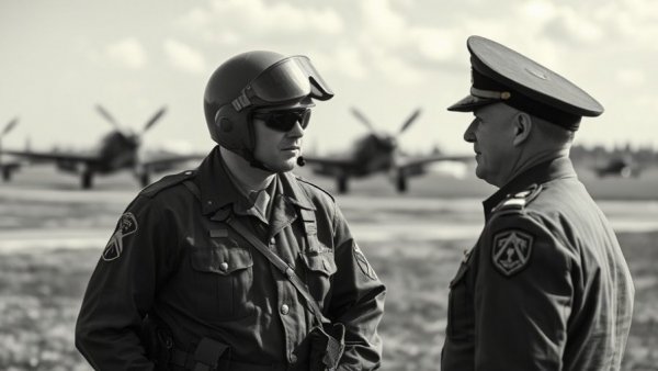 Vintage aviator conversing with officers in a field, grayscale.