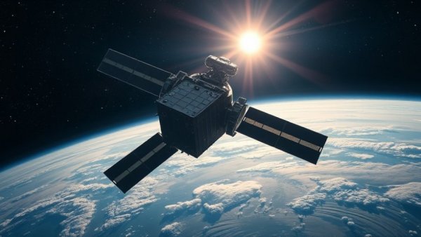 Futuristic orbital data center satellite orbiting Earth.