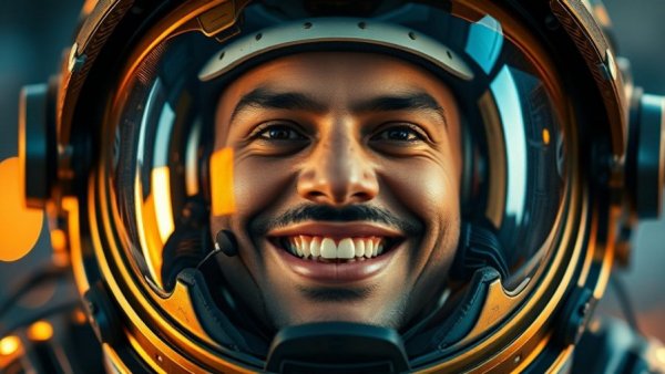 Futuristic helmet with human face, smiling, golden glow.