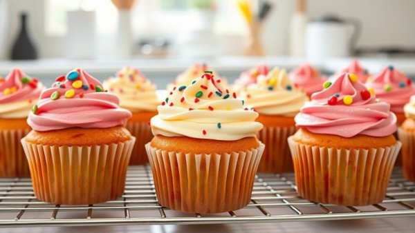 Cupcakes with sprinkles on a rack, highlighting added sugars in family nutrition.