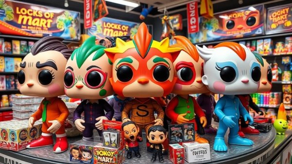 Pop Mart stock plummeting: vibrant figure display in store.