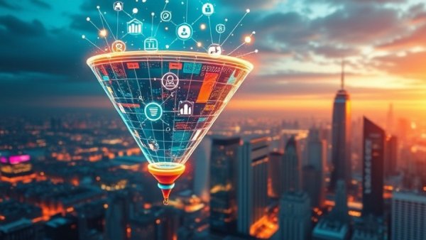 Futuristic digital funnel illustrating AI ROI gap with data streams.