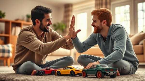 Father and son bonding with positive reinforcement in parenting, playing.