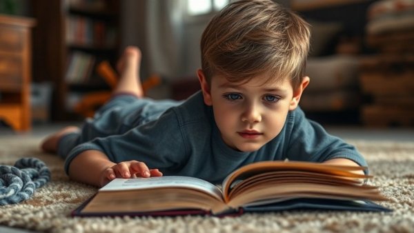 Young boy focused on reading to improve comprehension skills.