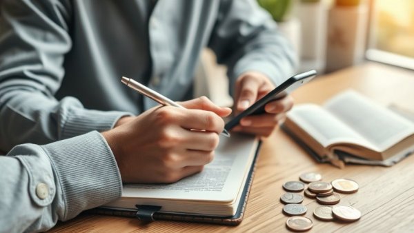 Calculating retirement plan for faith-based organizations with a notebook and smartphone.