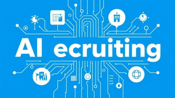 AI in recruiting digital graphic with bold text and symbols on blue background