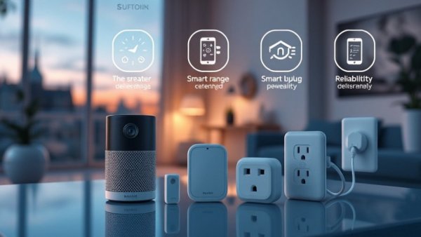 Illustration of smart home devices highlighting speed, range, reliability.