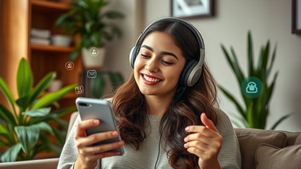 Woman enjoying digital interaction with AI, symbolizing change management.