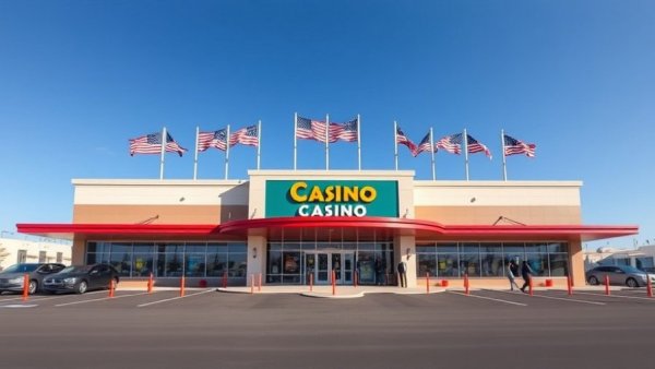 Modern casino building with flags and people, Pregnant Workers Fairness Act compliance.