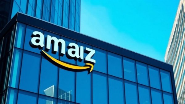 Amazon logo on building related to satellite internet investment deals.