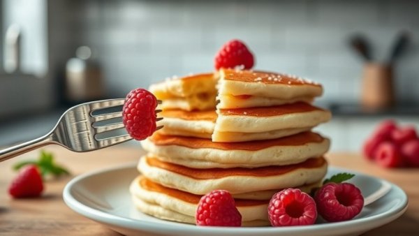 Healthy family meals: Pancakes and fruit in a modern kitchen.