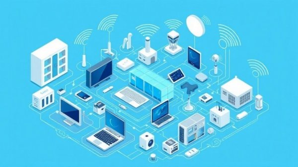 Isometric illustration of interconnected IoT devices in a digital network.