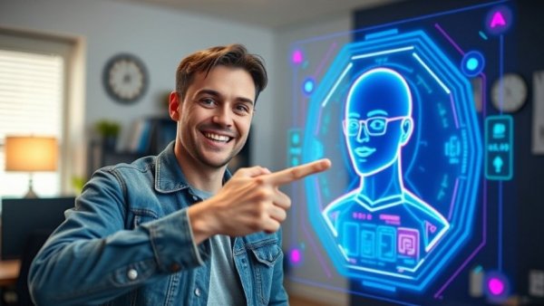 Young man engages with AI avatars technology hologram.