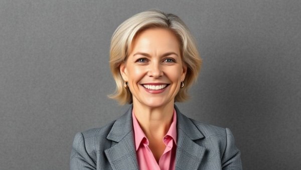 Professional woman smiling, showcasing positivity in formal attire.