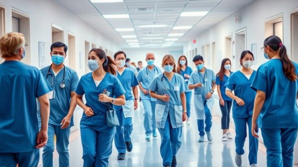 Healthcare professionals in a hospital corridor highlighting job growth.