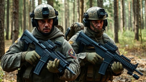 Soldiers equipped with the Army's new rifle and machine gun in forest