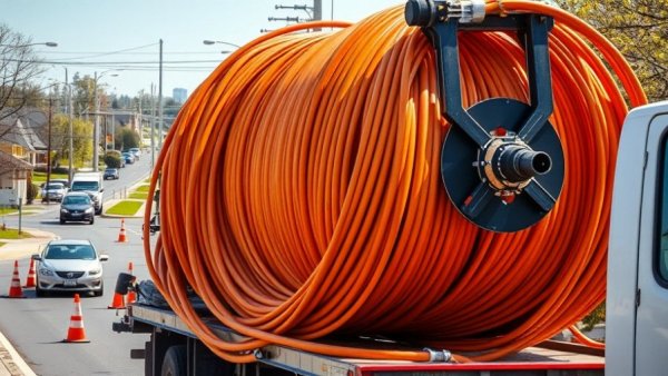 Broadband infrastructure funding work on suburban street with orange cable.