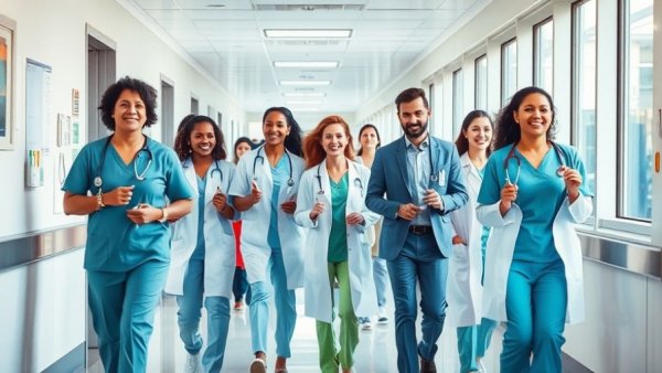 Healthcare team collaborating in hospital corridor for workforce strategy.