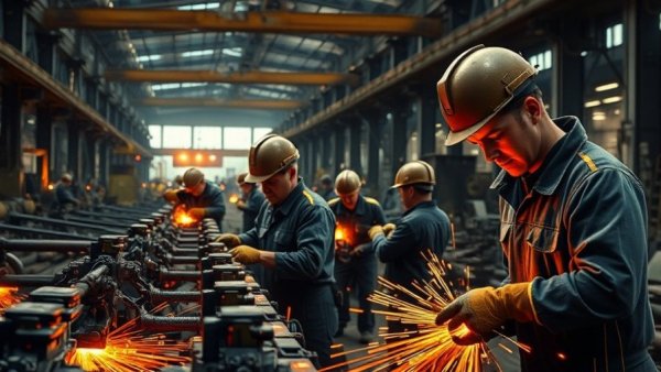Industrial workers welding in a factory, illustrating US job growth
