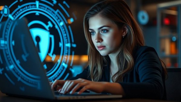 Best VPN for gaming: Woman using laptop with VPN hologram.