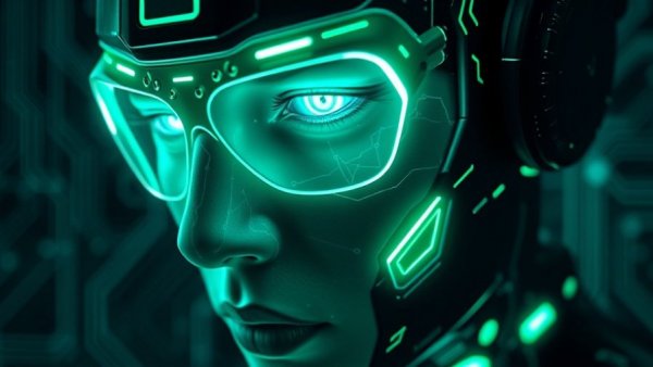 Cybernetic face with neon glow, System Shock Remake demo.