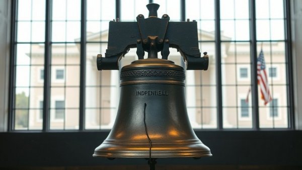 Iconic Liberty Bell with crack, historic display, Liberty Bell history.