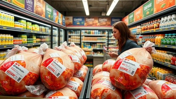 Grocery store with packaged turkeys and woman shopping by dairy section.