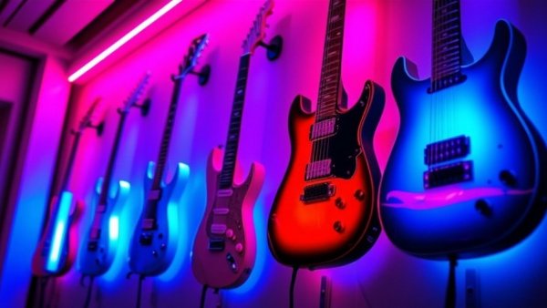 Philips Hue Omniglow lighting on guitars with pink and blue neon.