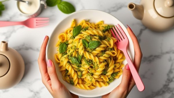 Nut-free pesto pasta dish with pink fork on white marble.