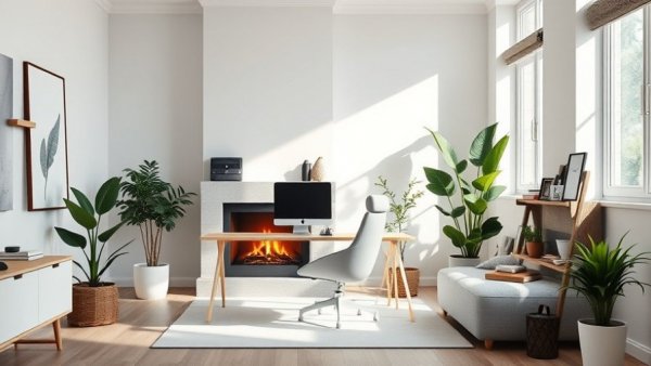 Small home office ideas with modern decor and cozy fireplace.