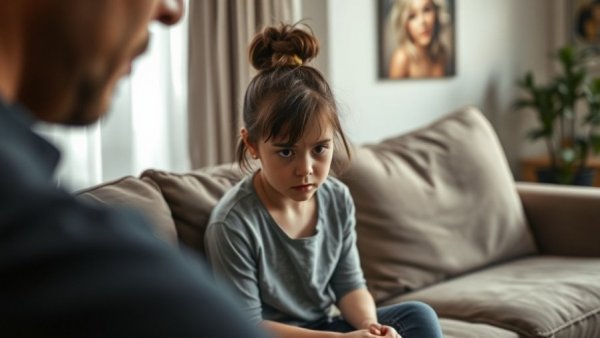 Anxious child on a couch as adult stands nearby, signs of authoritarian parenting.